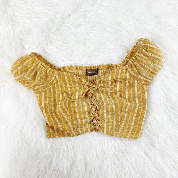 🦋 4SI3NNA Yellow Stripe Crop Top Off the Shoulder Size Small Ruched Boho Cute - Picture 2 of 7
